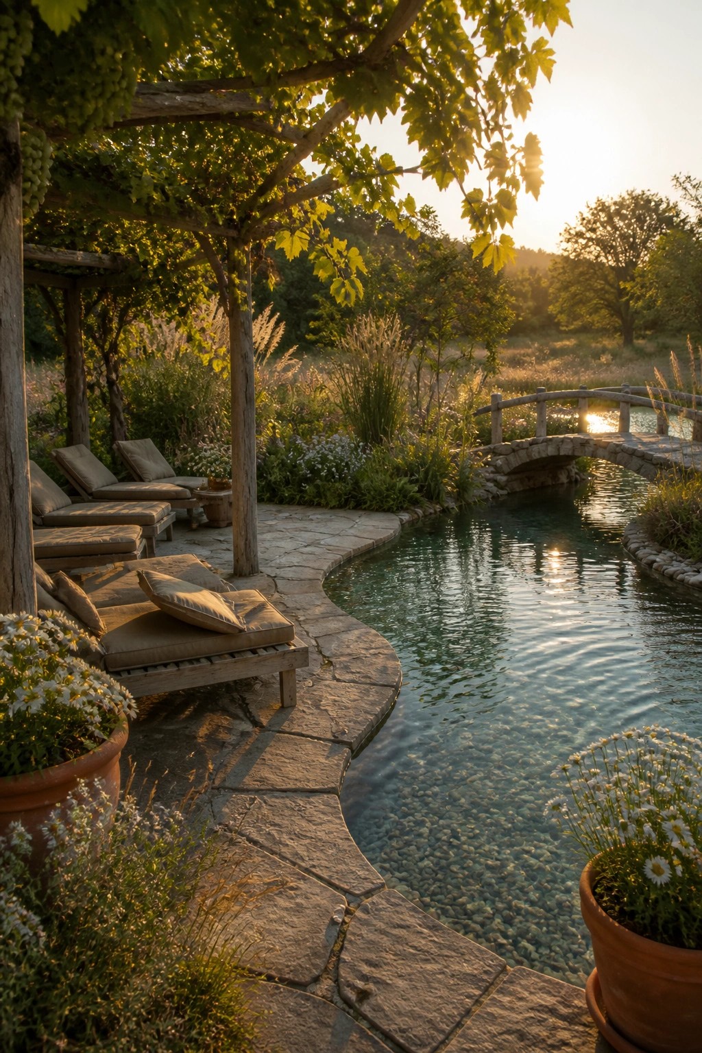Stone patio with wooden lounge chairs under a wooden pergola beside a natural pool edged with plants and a small bridge.