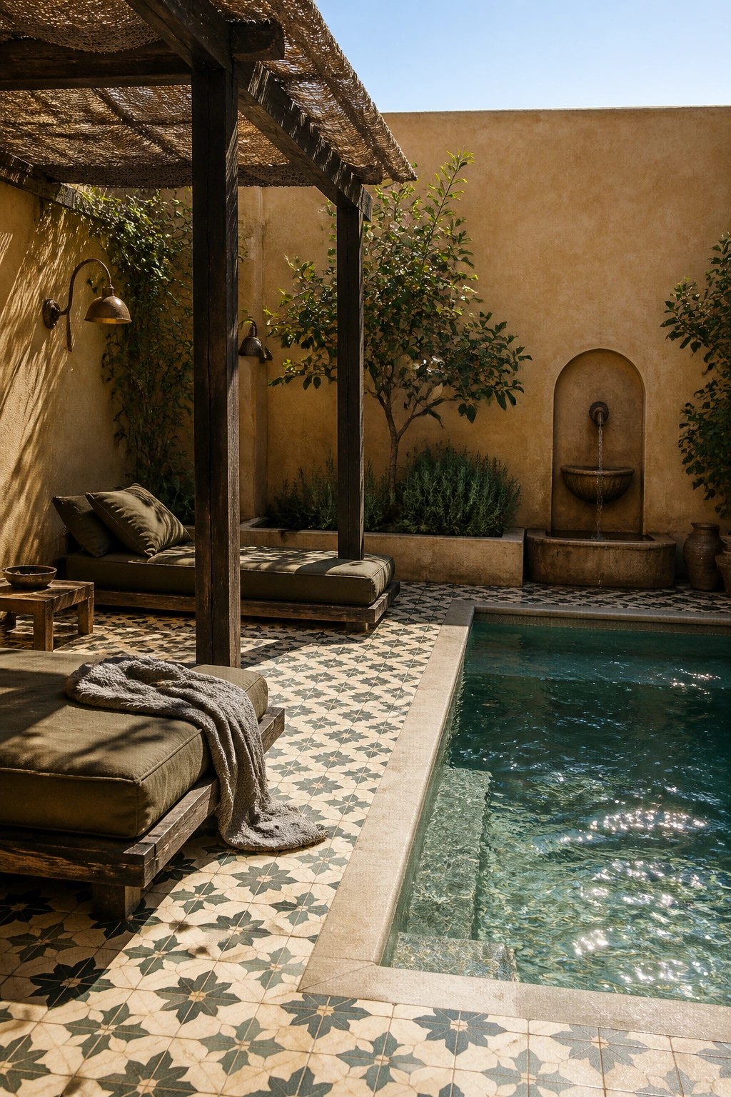 A rectangular pool with patterned tile decking, wooden lounge daybeds under a dark pergola with a woven canopy, and a wall fountain in a stucco courtyard.