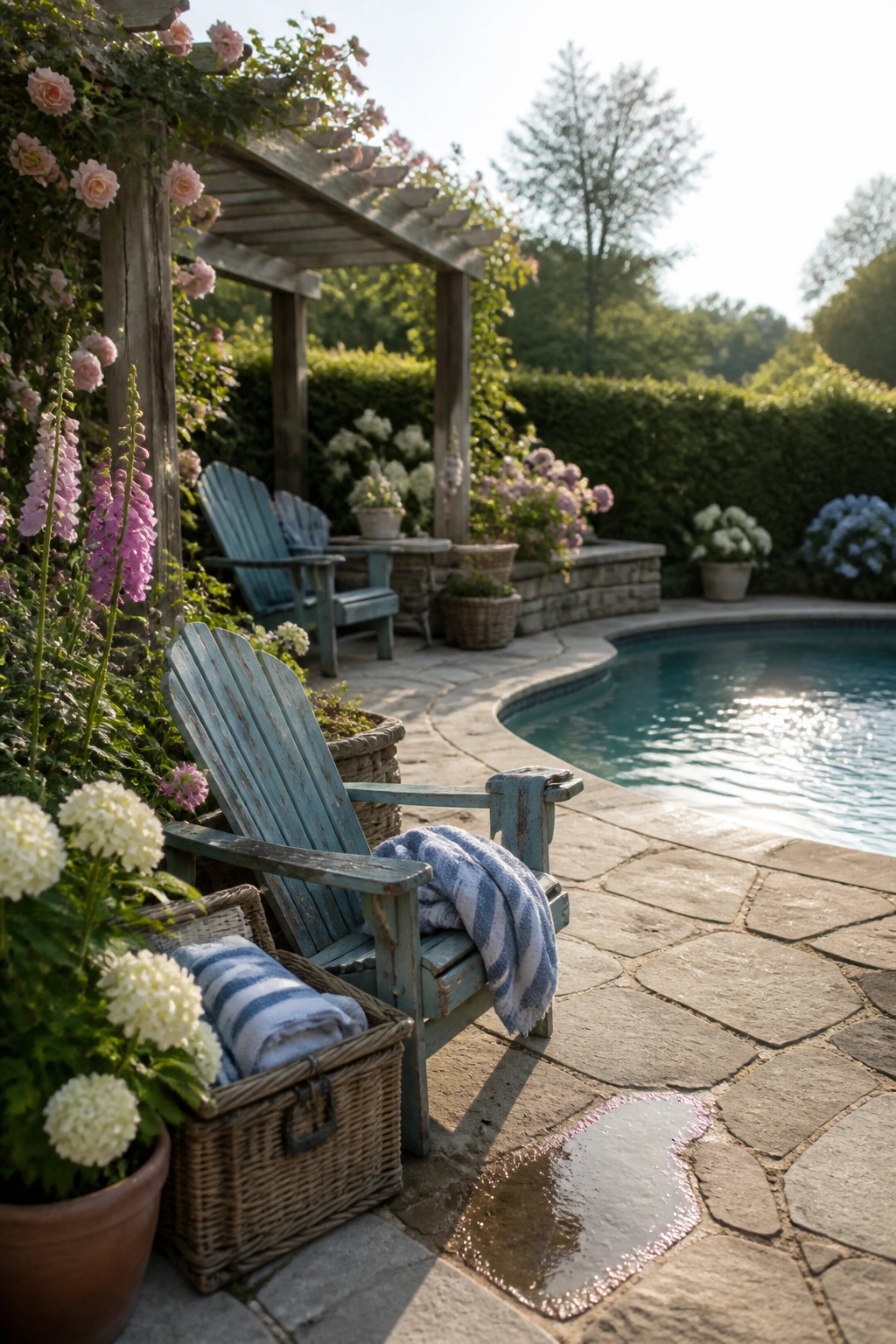 A curved stone patio next to a swimming pool holds two weathered blue Adirondack chairs with striped towels, wicker baskets, potted white flowers, and a wooden pergola covered in pink climbing roses.