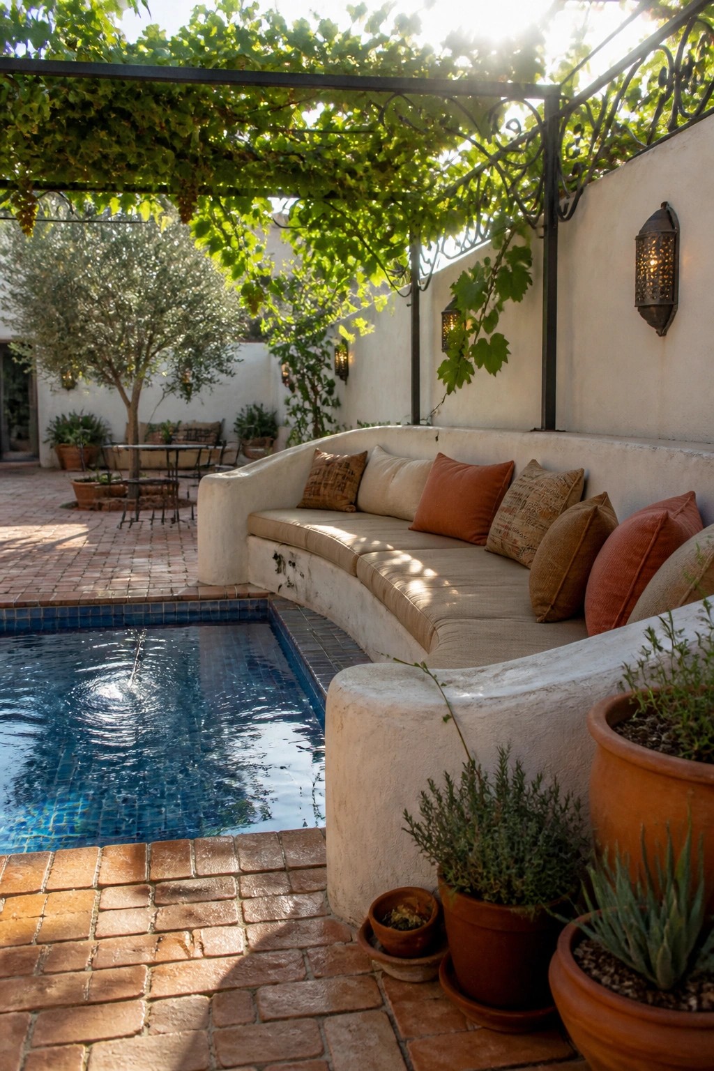 19 Elegant Plunge Pool Ideas for Small Spaces That Feel Like a Resort A small blue-tiled plunge pool sits beside a curved built-in bench with cushions on a brick patio under a vine-covered pergola.