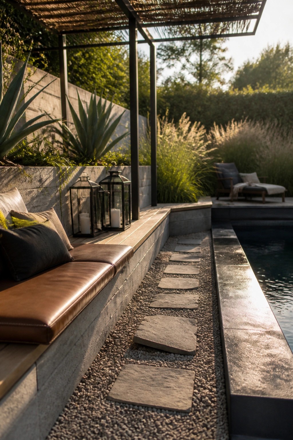 19 Elegant Plunge Pool Ideas for Small Spaces That Feel Like a Resort Modern patio with leather bench, lanterns, stone path, pool, and greenery