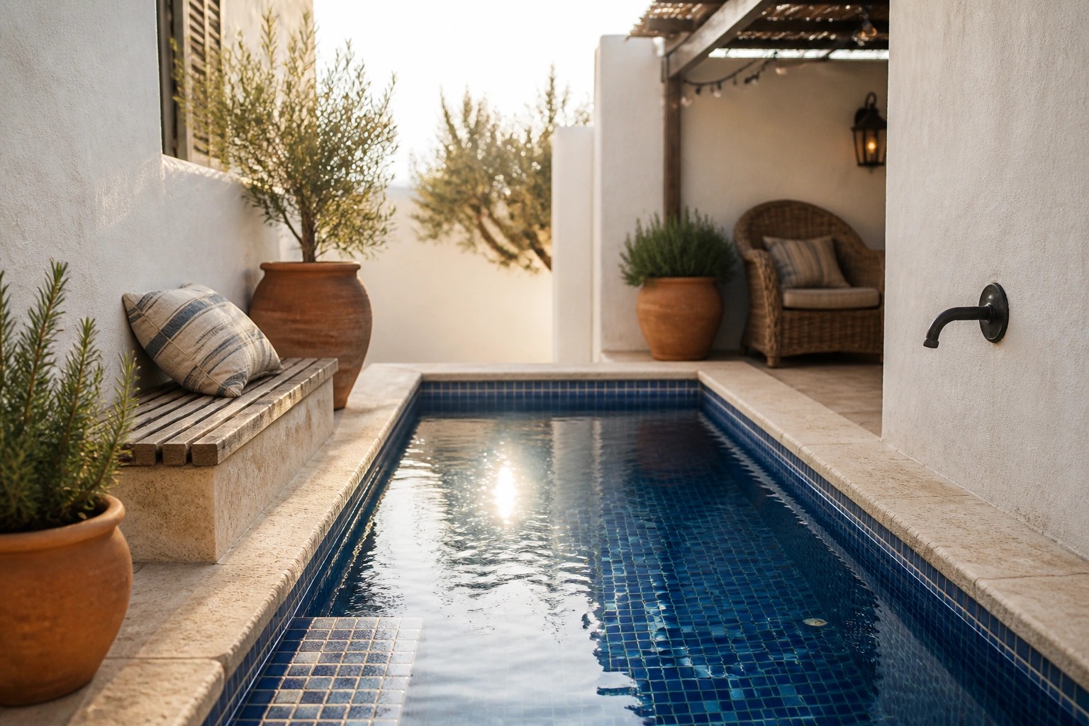 A narrow blue-tiled plunge pool in a small courtyard features a wall-mounted fountain spout, built-in bench with cushion, wicker chair, and large potted plants under a pergola with string lights.