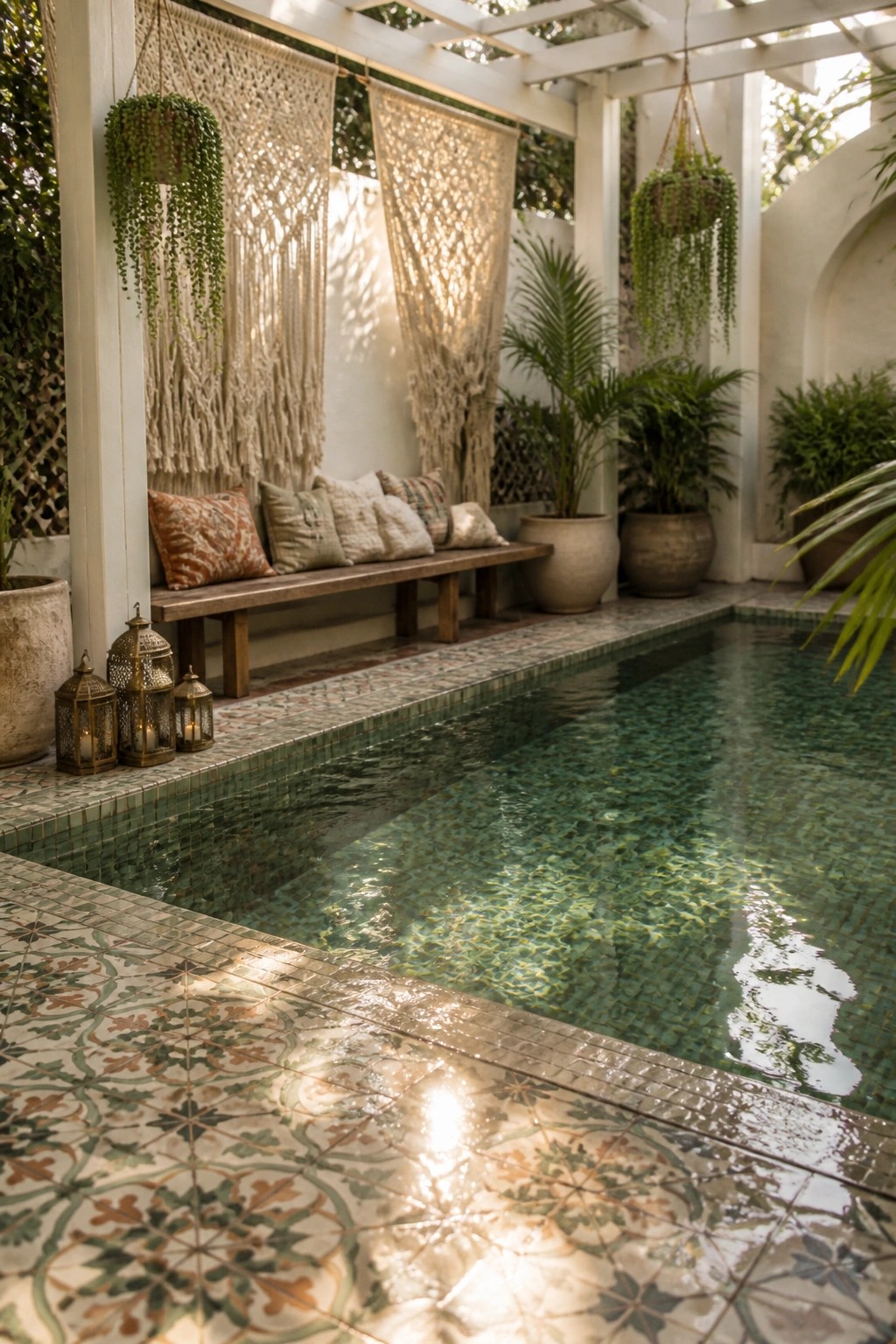 19 Elegant Plunge Pool Ideas for Small Spaces That Feel Like a Resort A small plunge pool with green tile edging next to a wooden bench with pillows, macrame hangings, hanging plants, and lanterns on a patterned patio.