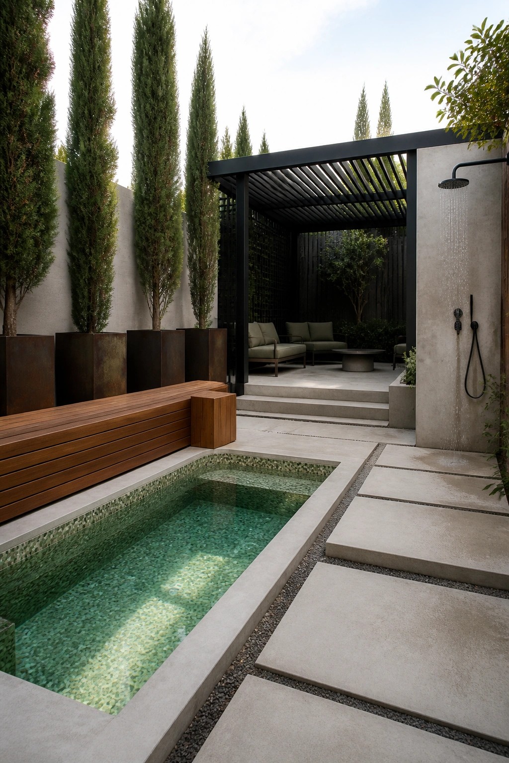 19 Elegant Plunge Pool Ideas for Small Spaces That Feel Like a Resort A narrow plunge pool with green mosaic tiles runs alongside a wooden bench on a concrete patio with large pavers, gravel strips, and tall trees in metal planters.
