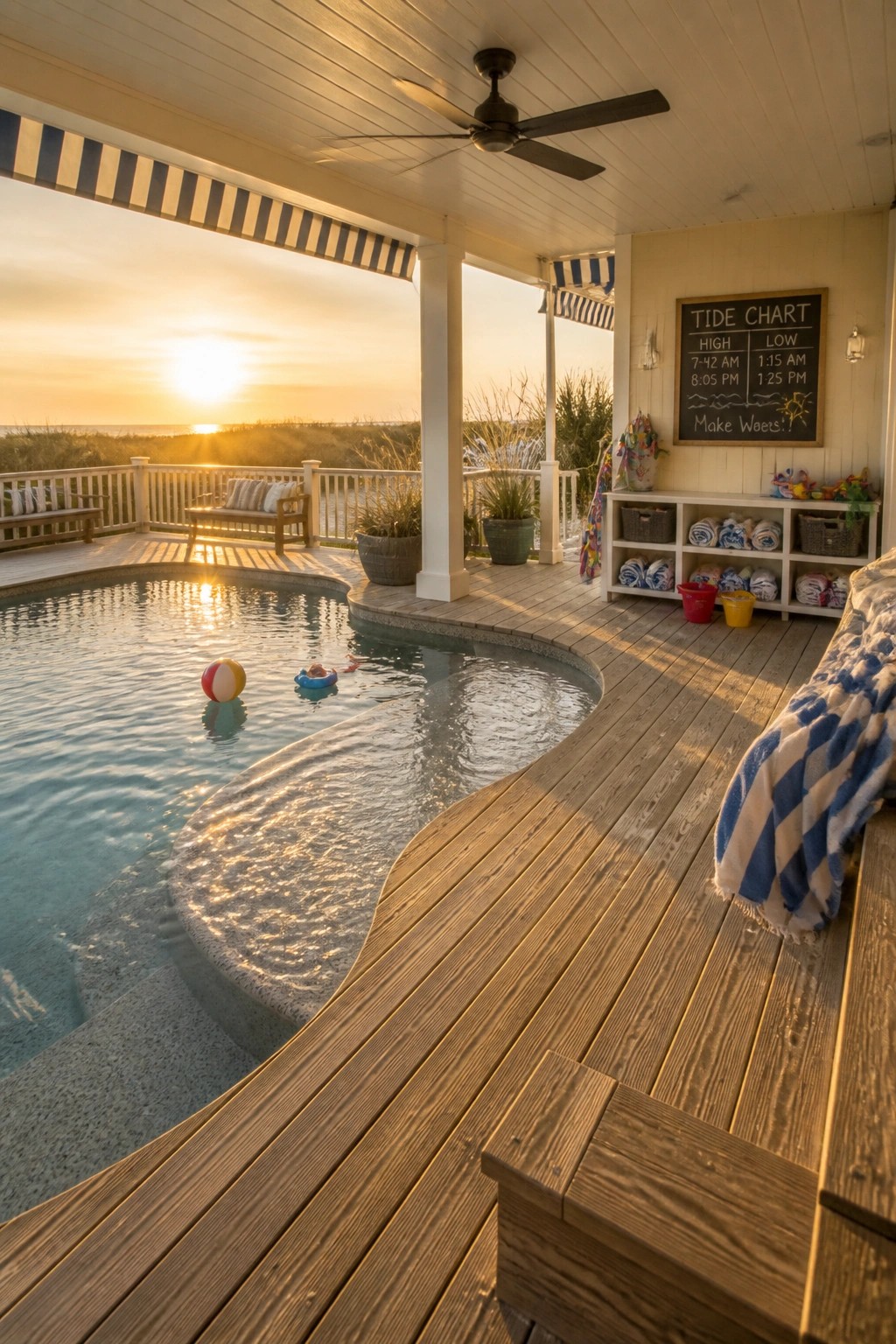 Sunset over deck pool with beach ball, towels, tide chart, and ceiling fan