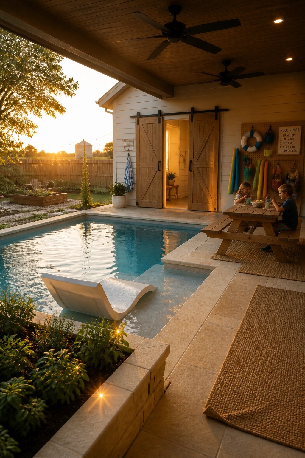 Covered pool deck with a wooden picnic table where two children sit eating, next to a swimming pool that has a white in-pool lounge chair, under a wood ceiling with ceiling fans.