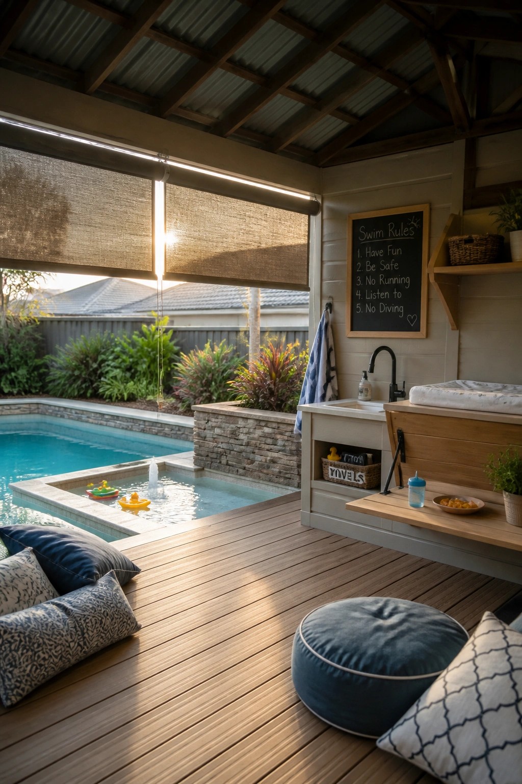 A covered pool deck with wooden flooring, a small utility station including a sink, chalkboard with swim rules, and storage baskets.