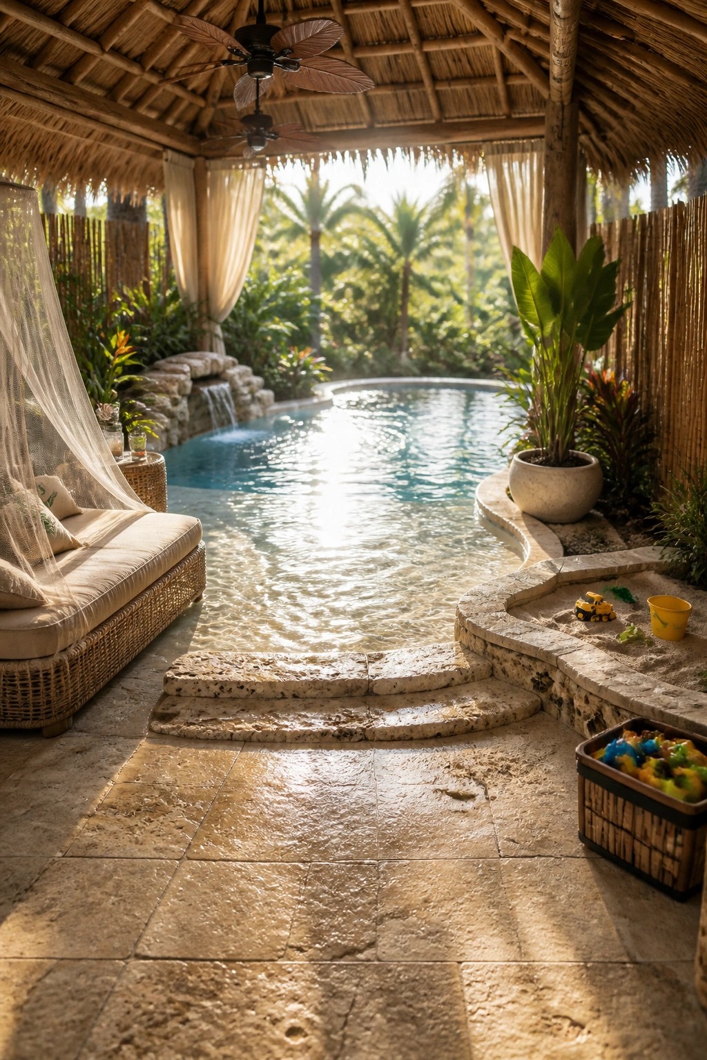 A covered pool area with a thatched roof, a wicker daybed on the left, a swimming pool with a small waterfall, and a sand play zone with toys on the right.