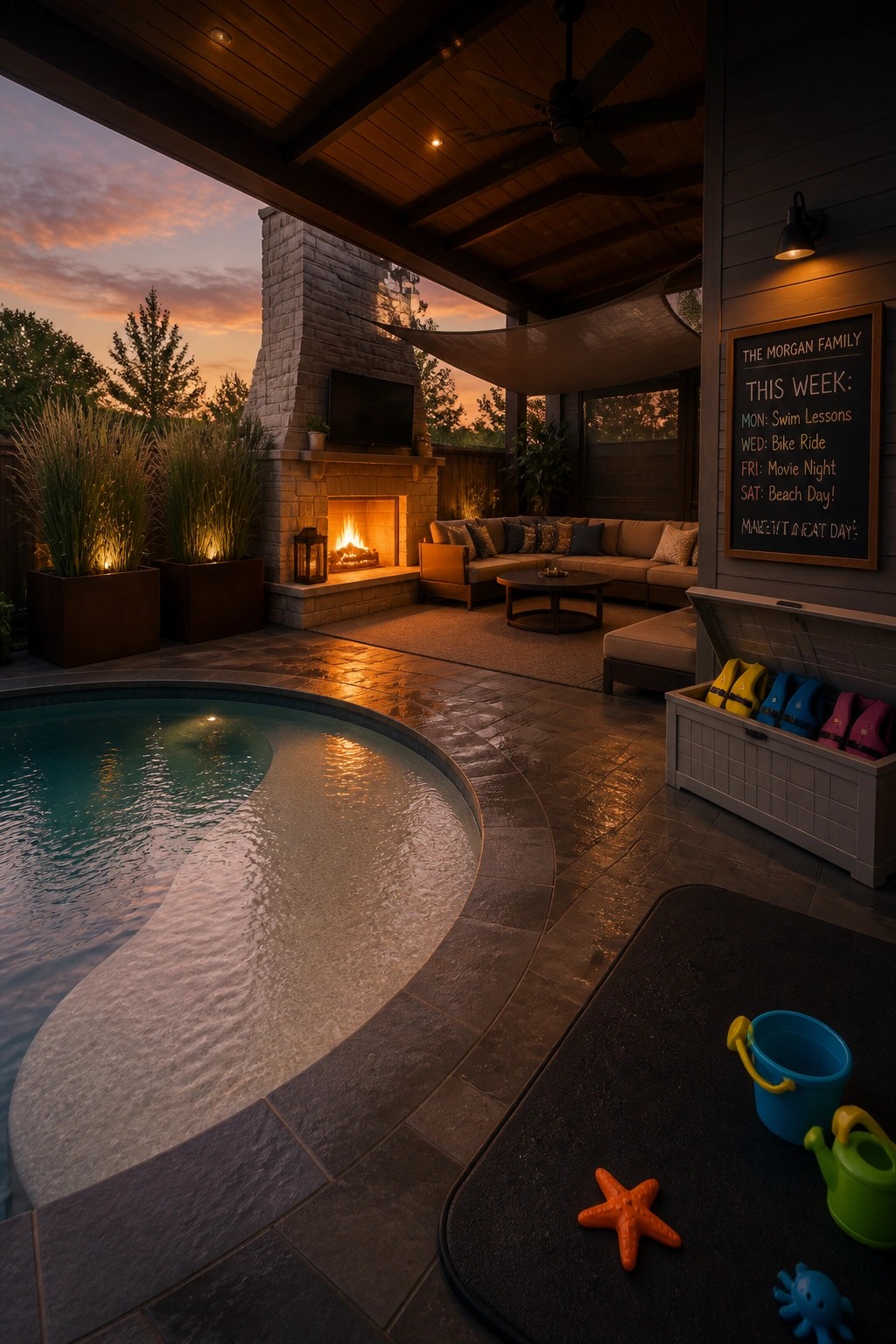 A covered pool patio at dusk with a stone fireplace, sectional sofa, round coffee table, and a white storage chest holding colorful life vests, plus children's toys on a mat in the foreground.
