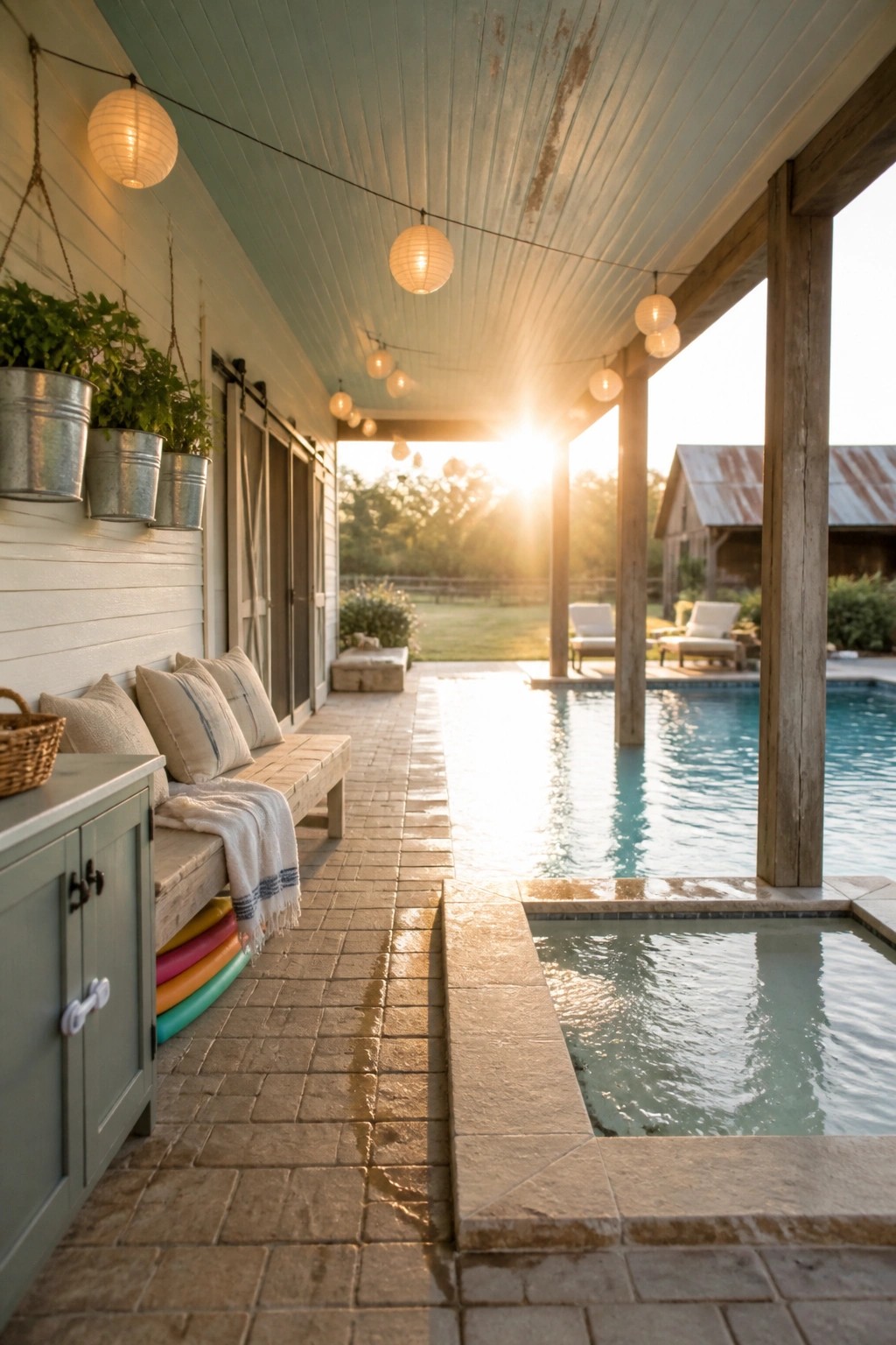 A covered porch with a wooden bench, pillows, and a green storage cabinet sits beside a swimming pool with string lights overhead.
