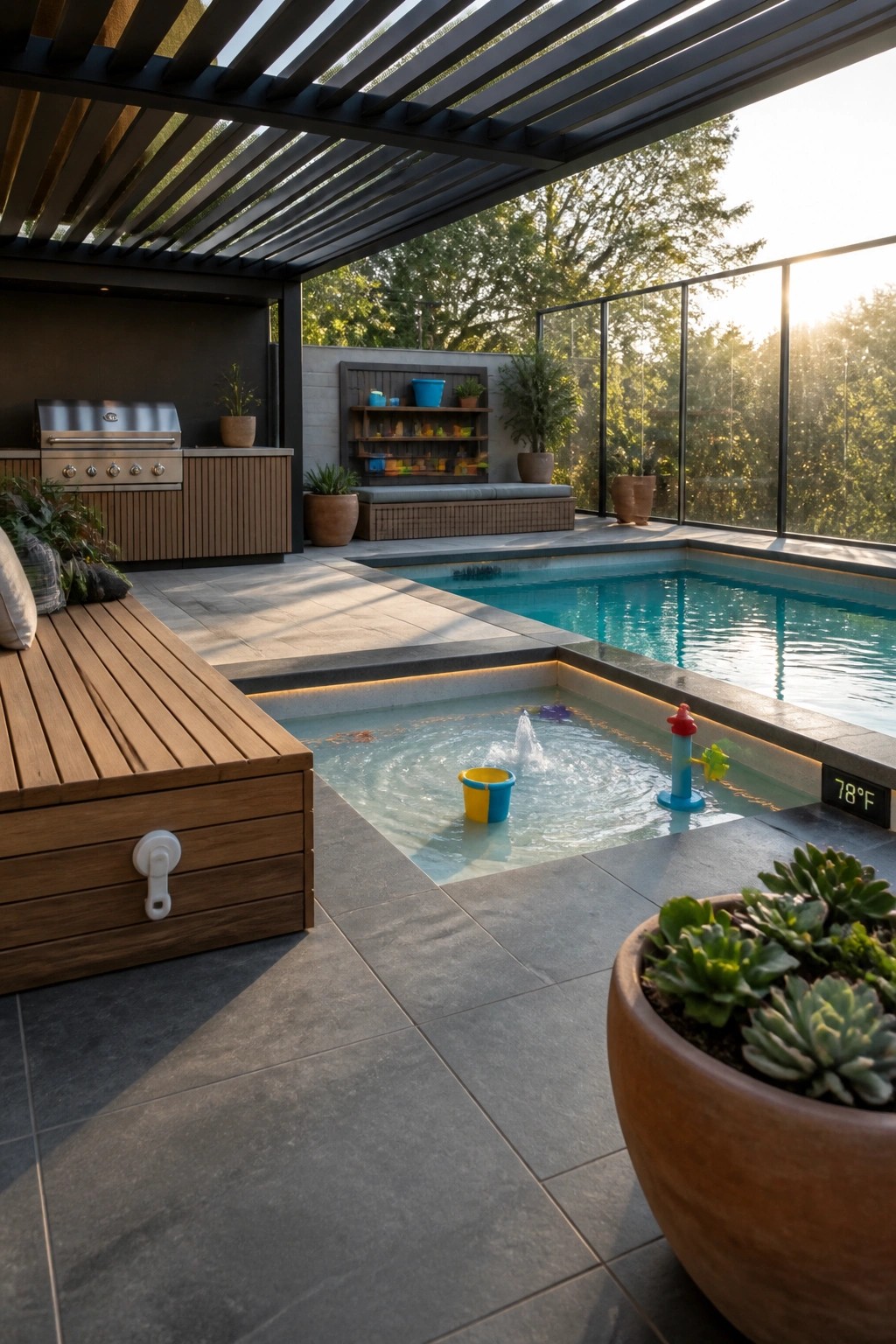 Modern backyard patio with pool, fountain, grill kitchen, wooden bench, and potted plants.