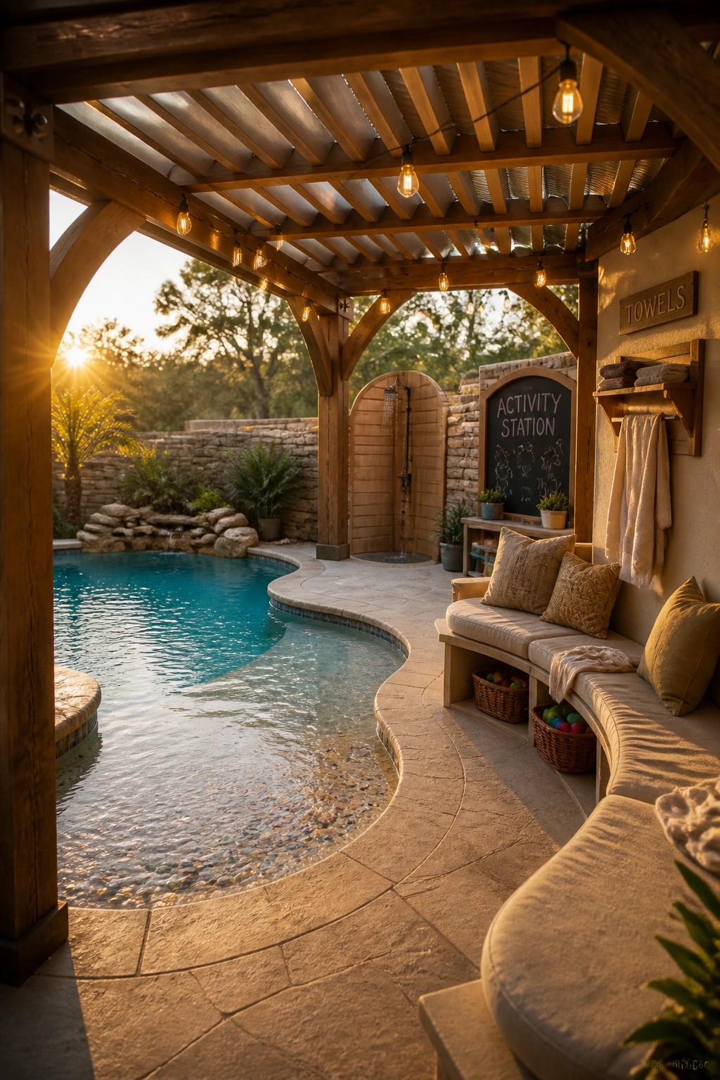 A covered wooden pergola with string lights over a curved built-in bench seating area beside a swimming pool, including an outdoor shower and chalkboard activity sign.