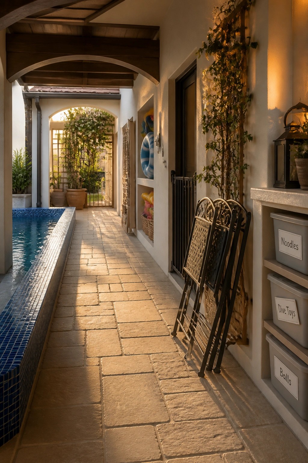 A covered stone walkway next to a pool shows recessed wall shelves with pool floats above and three labeled gray storage bins below, with folded chairs leaning nearby.