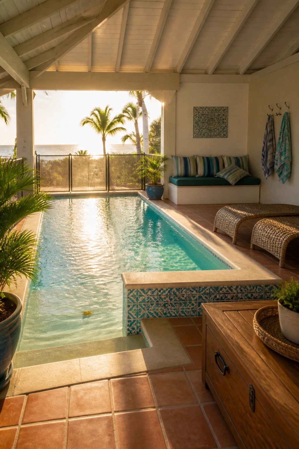 A covered pool area with turquoise water, a built-in bench with striped cushions, wicker lounge chairs on terracotta tile, and an ocean view beyond a glass railing.