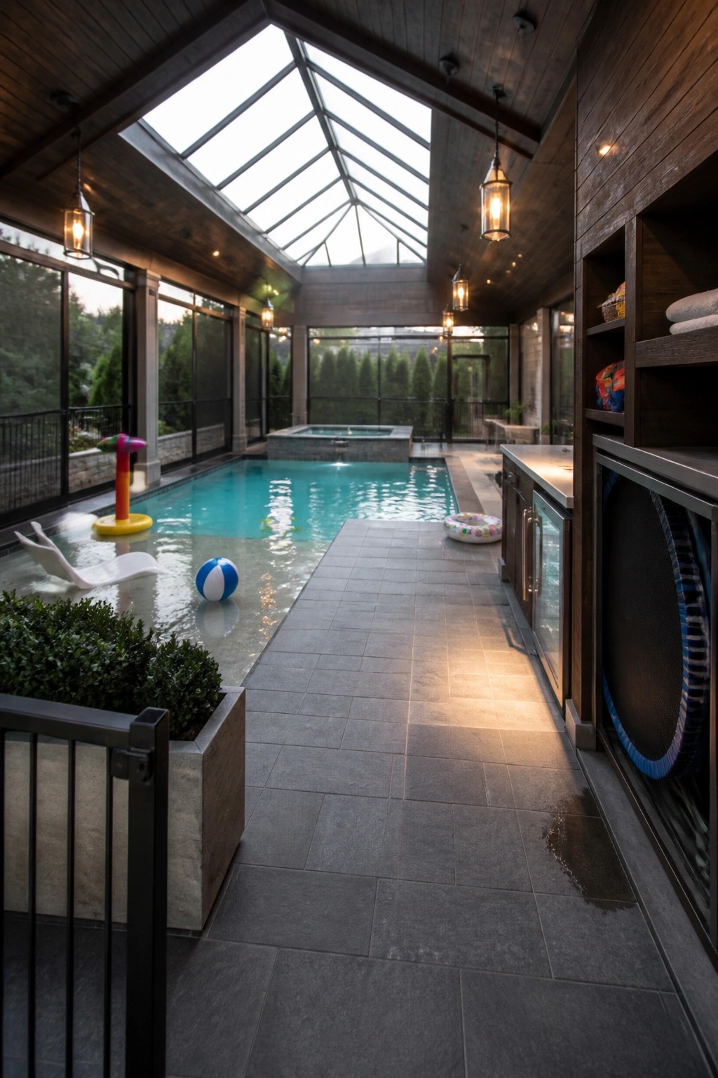 An enclosed pool area with a large peaked glass roof, dark wood ceiling, gray tile floor, and a turquoise swimming pool with a small hot tub at one end.