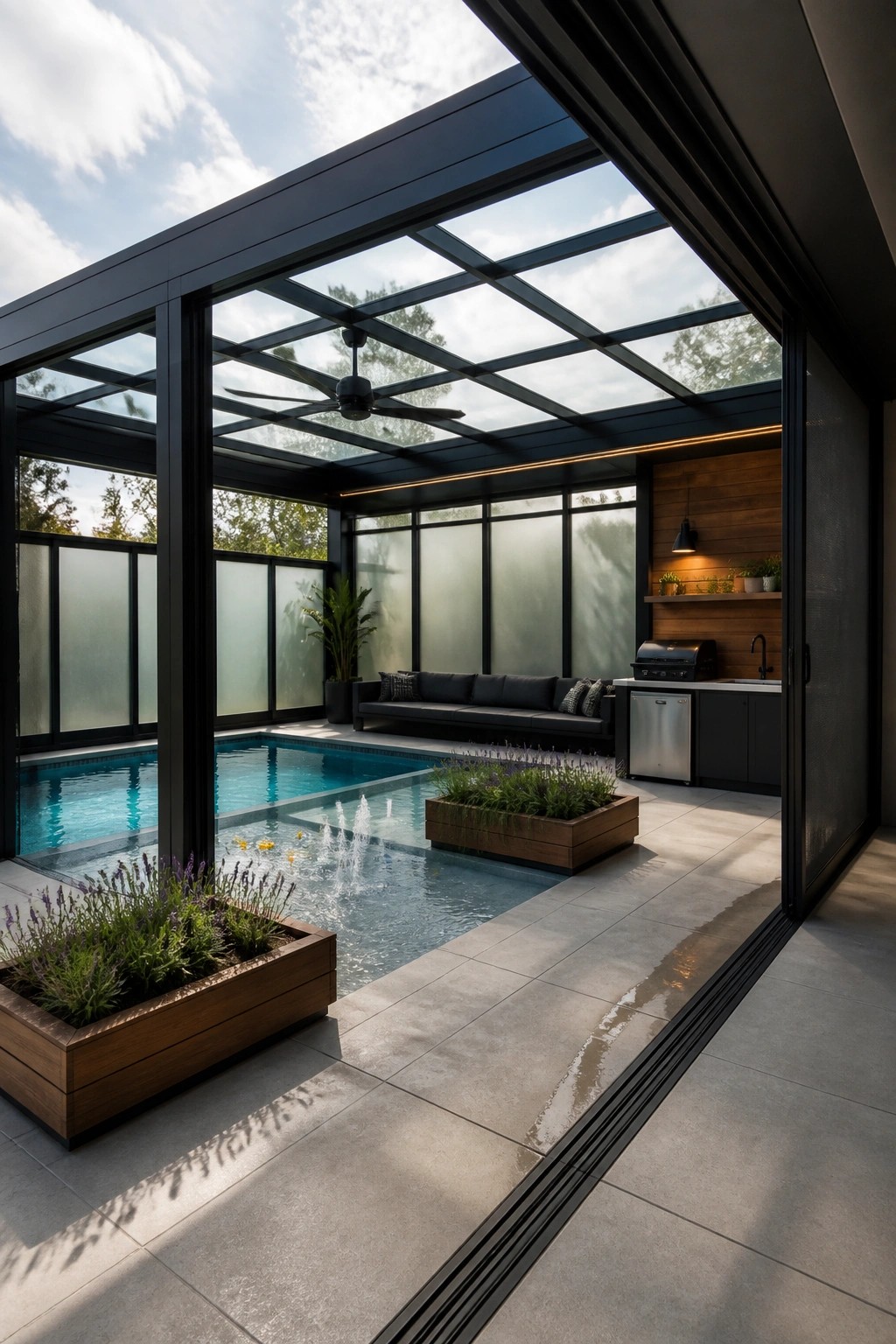 A covered pool area with a glass roof, dark metal frames, a black sofa, wooden planters, and an adjacent outdoor kitchen.