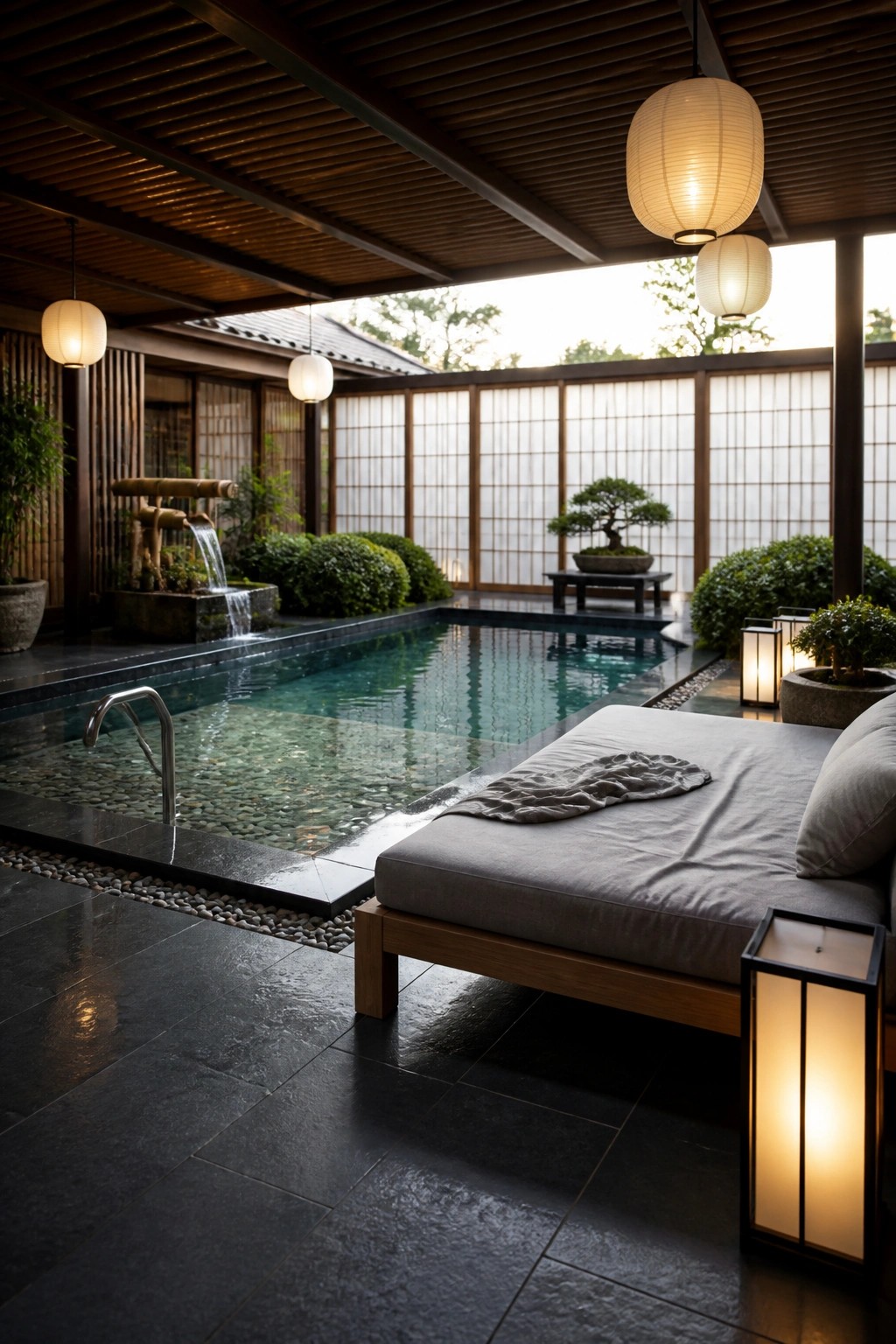 A covered pool area featuring a gray daybed on dark tile flooring, hanging paper lanterns, and a small bamboo water feature along the side.