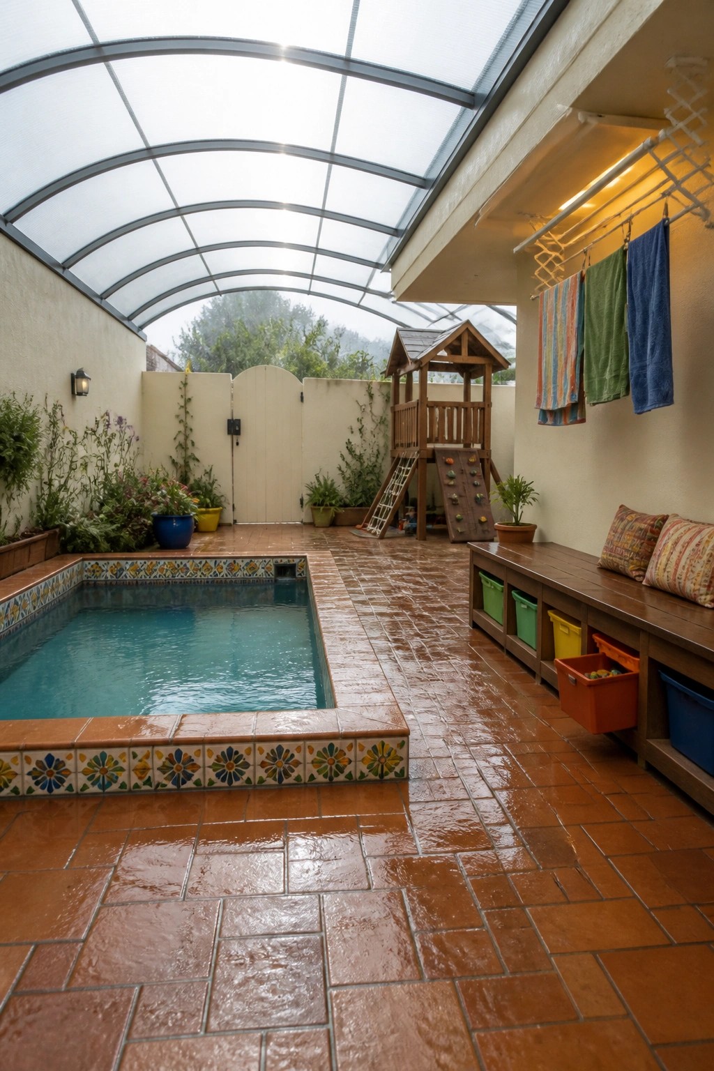 A swimming pool under a large translucent arched roof on a wet tiled deck, with a wooden play structure and storage bench with bins along one side.