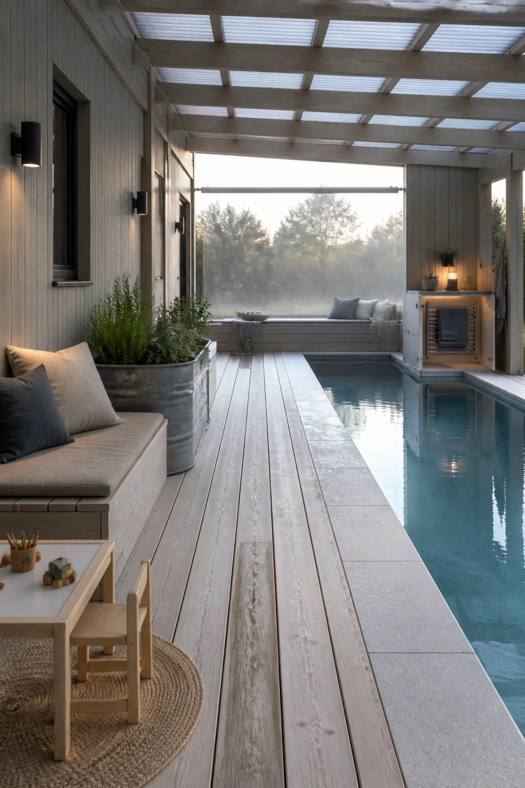 A covered pool deck with light wood flooring, a long narrow pool, built-in bench seating with cushions, potted plants, and a small children's table with toys on a round rug.