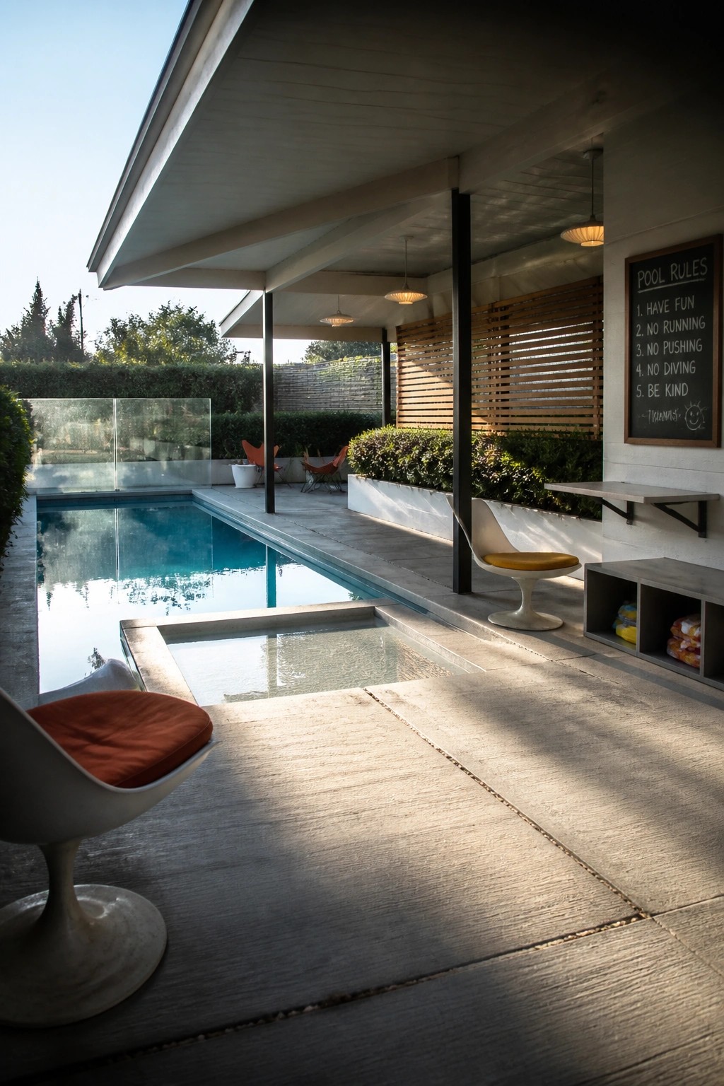 A covered poolside patio with modern lounge chairs, a chalkboard listing pool rules, and a swimming pool visible under a concrete overhang.