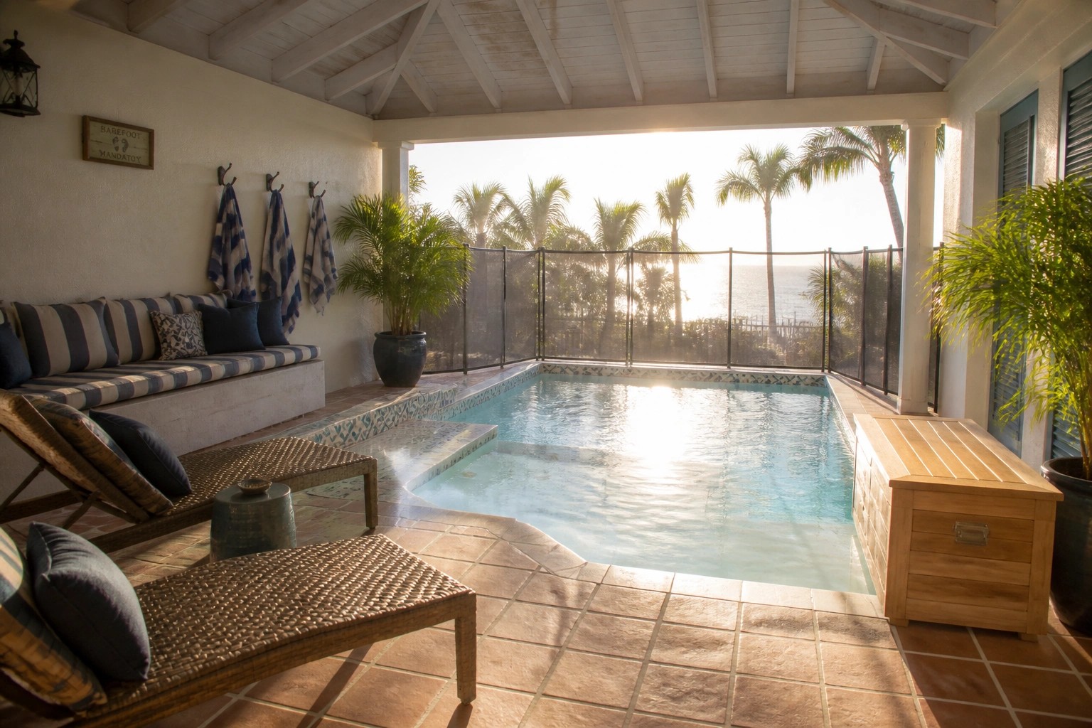 A covered pool area with turquoise water, a built-in bench with striped cushions, wicker lounge chairs on terracotta tile, and an ocean view beyond a glass railing.