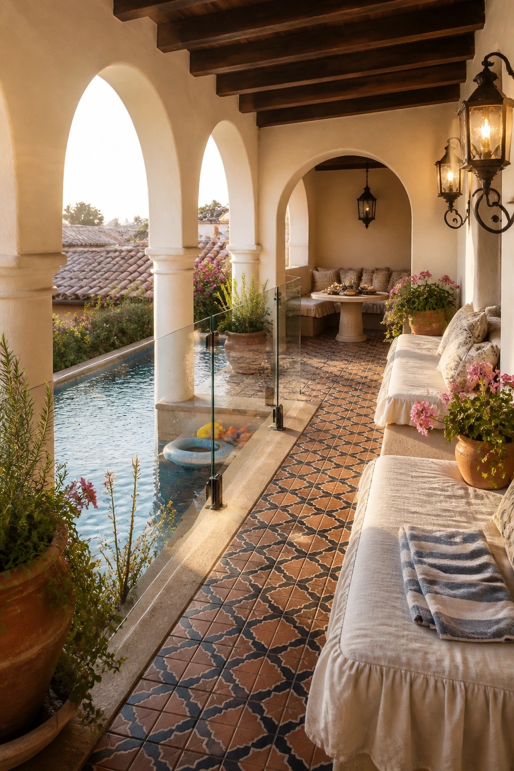 A covered patio with arched openings, patterned tile floor, built-in seating, potted plants, and a glass railing overlooking a swimming pool.
