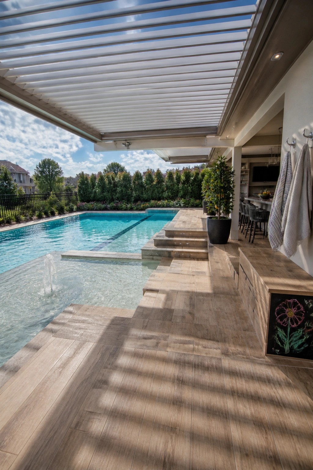 A covered pool area with a louvered white roof, wooden deck, and attached outdoor bar seating.