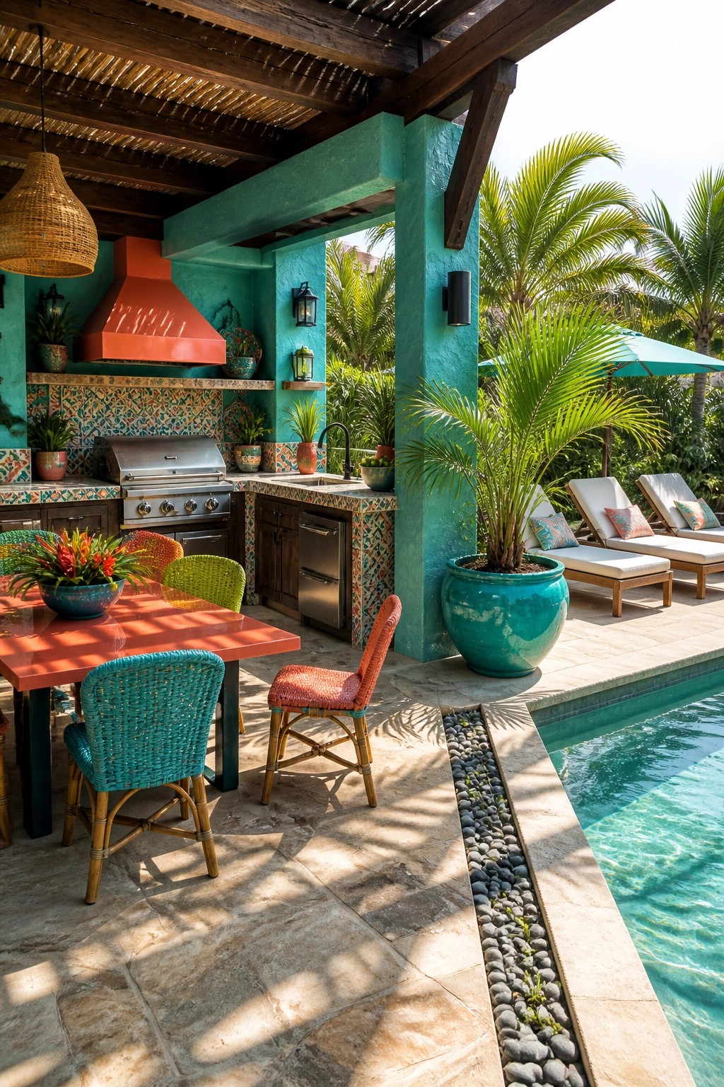 Colorful outdoor kitchen with red table, turquoise walls, and poolside lounge chairs