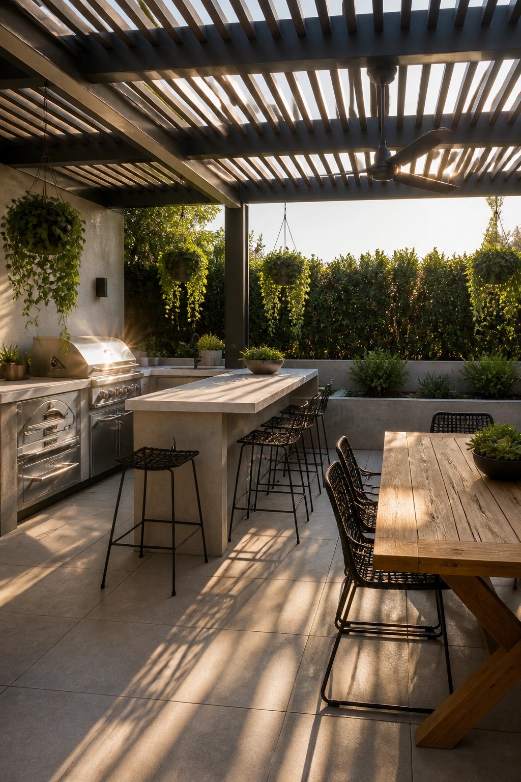 Outdoor kitchen with stainless steel appliances, long concrete bar counter with black stools, and wooden dining table under a slatted pergola with ceiling fan.