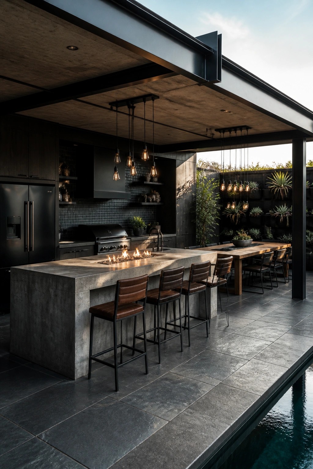 A dark-toned outdoor kitchen with a large concrete island that includes a built-in fire pit, four bar stools, and an adjacent wooden dining table beside a pool.
