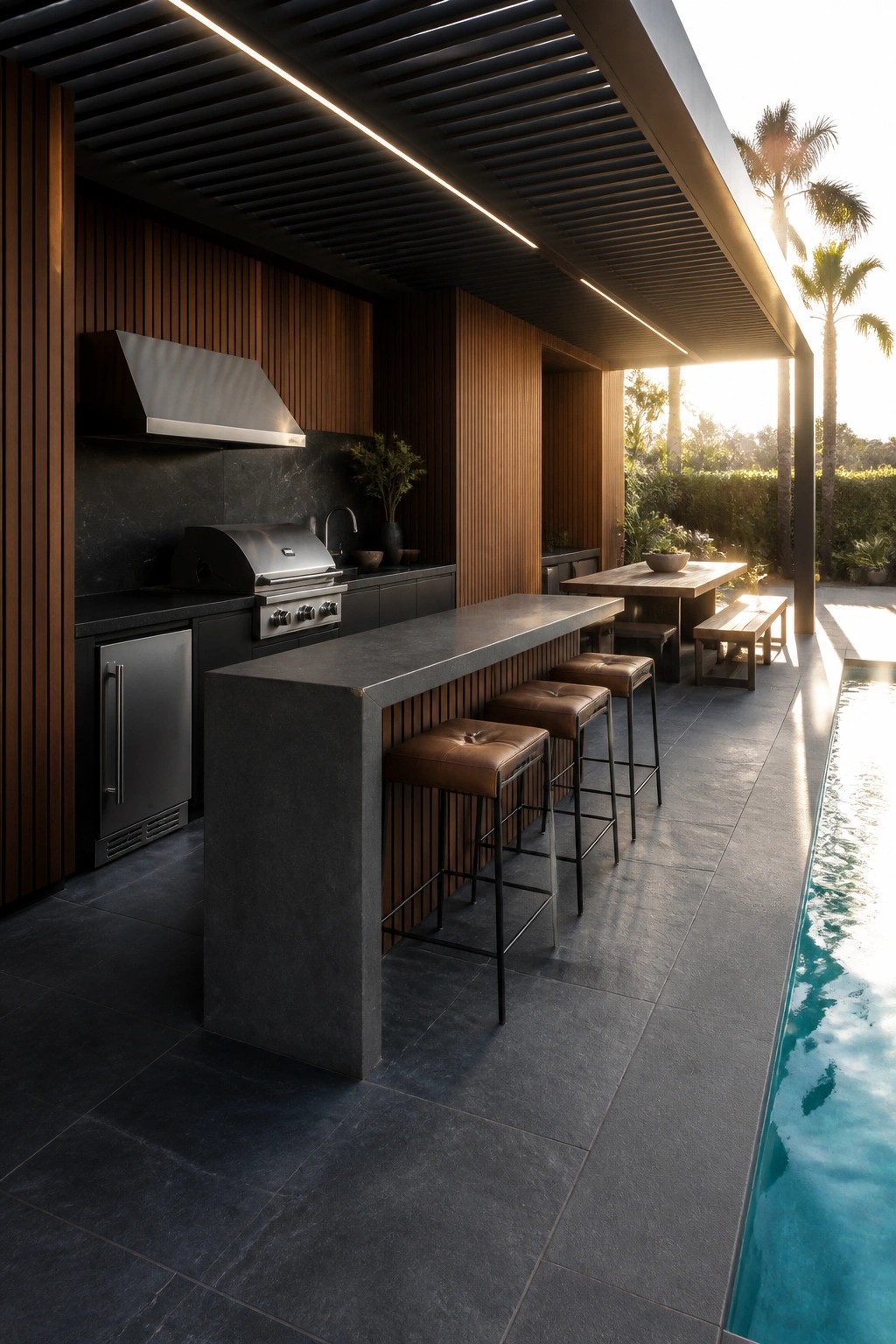 An outdoor kitchen with a long concrete bar counter, brown leather stools, built-in grill, and wooden dining table positioned beside a swimming pool.