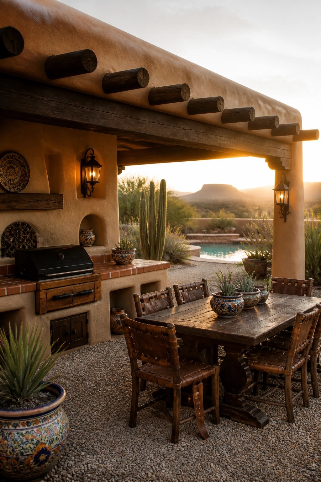 A covered adobe-style outdoor kitchen with a grill and counter beside a wooden dining table and chairs, next to a pool in a desert setting.