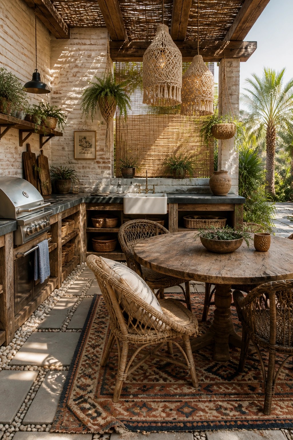An outdoor kitchen area with a grill, sink, and wooden counters beside a round dining table and wicker chairs on a patterned rug.