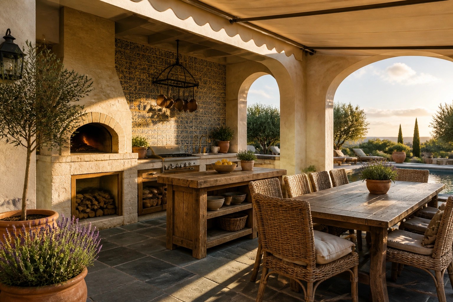 A covered outdoor kitchen with a wood-fired oven, long wooden dining table, woven chairs, and hanging pans on a tiled wall next to a pool.