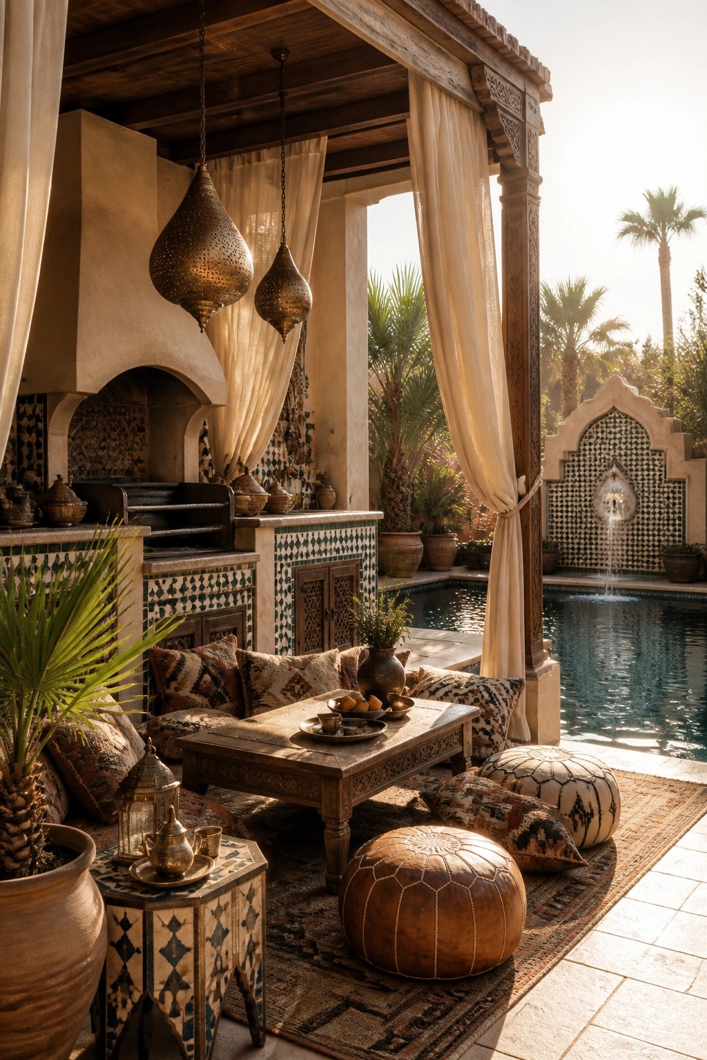 An outdoor cabana beside a pool features a tiled kitchen area with an arched oven, a low wooden dining table, floor cushions, and leather poufs.