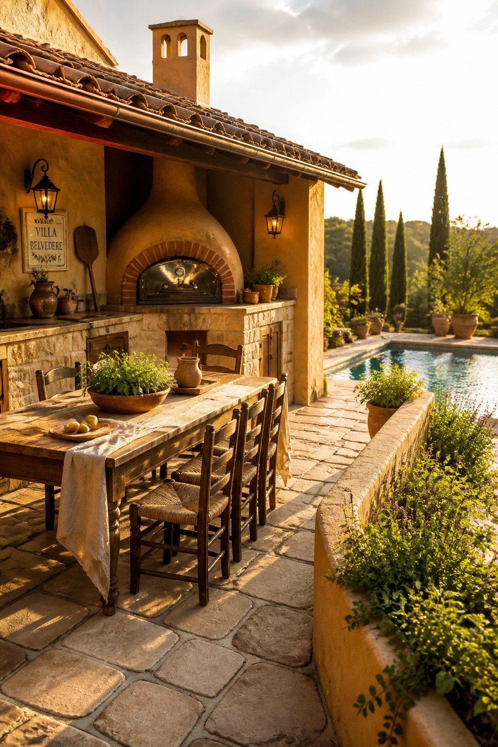 A long wooden dining table with woven chairs sits on a stone patio directly in front of a rustic outdoor kitchen featuring a large pizza oven, with a swimming pool visible to the right.