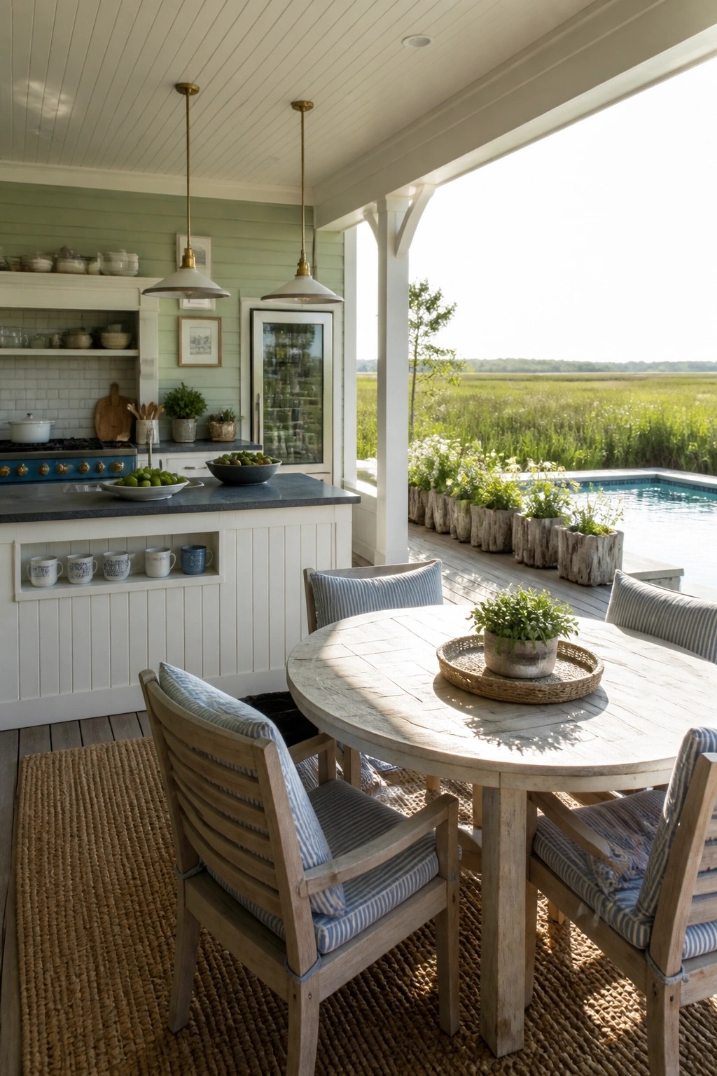 Coastal outdoor kitchen with round wooden table overlooking marsh and pool