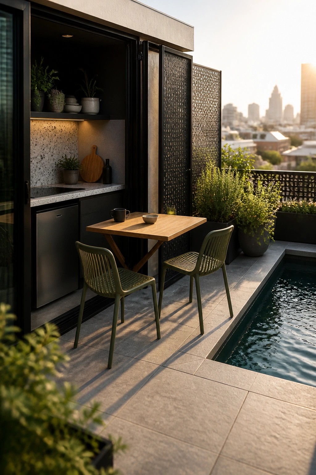 An outdoor patio features an open black kitchen cabinet with countertop, a small wooden dining table with two green chairs, and a narrow pool alongside.