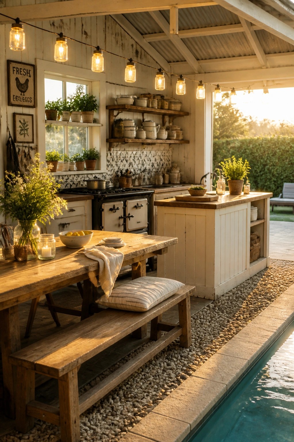 An outdoor pool cabana with a wooden dining table and bench beside a white kitchen island, string lights overhead, and a pool visible on the right.