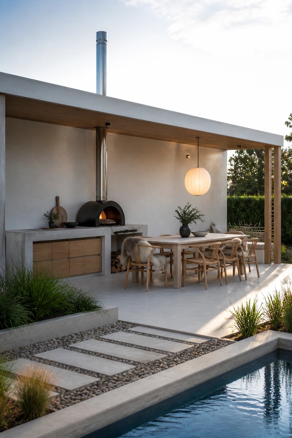 Outdoor covered patio with a built-in pizza oven on a concrete counter, long wooden dining table with chairs, and a swimming pool in the foreground.