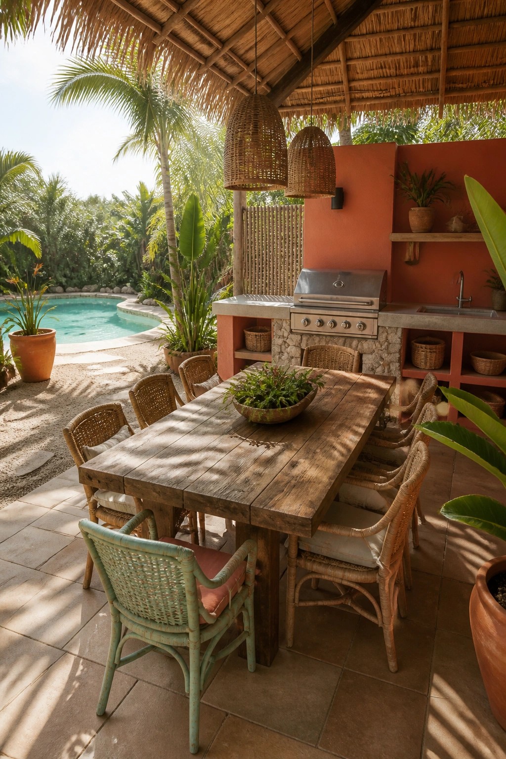 Rustic wooden dining table with woven chairs under thatched roof beside tropical pool kitchen