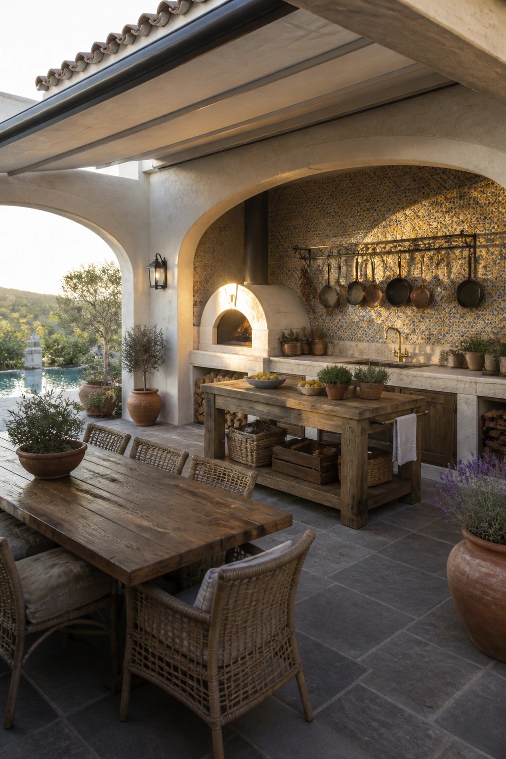 A covered outdoor kitchen with a wood-fired oven, long wooden dining table, woven chairs, and hanging pans on a tiled wall next to a pool.