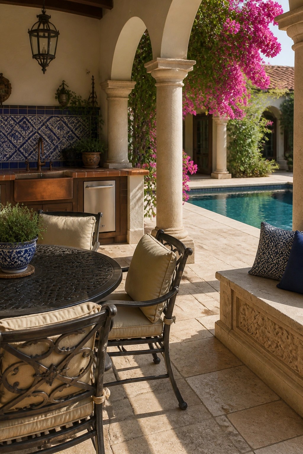 Outdoor covered patio with a kitchen counter featuring a copper sink and blue patterned tile backsplash, a round metal dining table with cushioned chairs, and a pool visible beyond stone columns and arches.