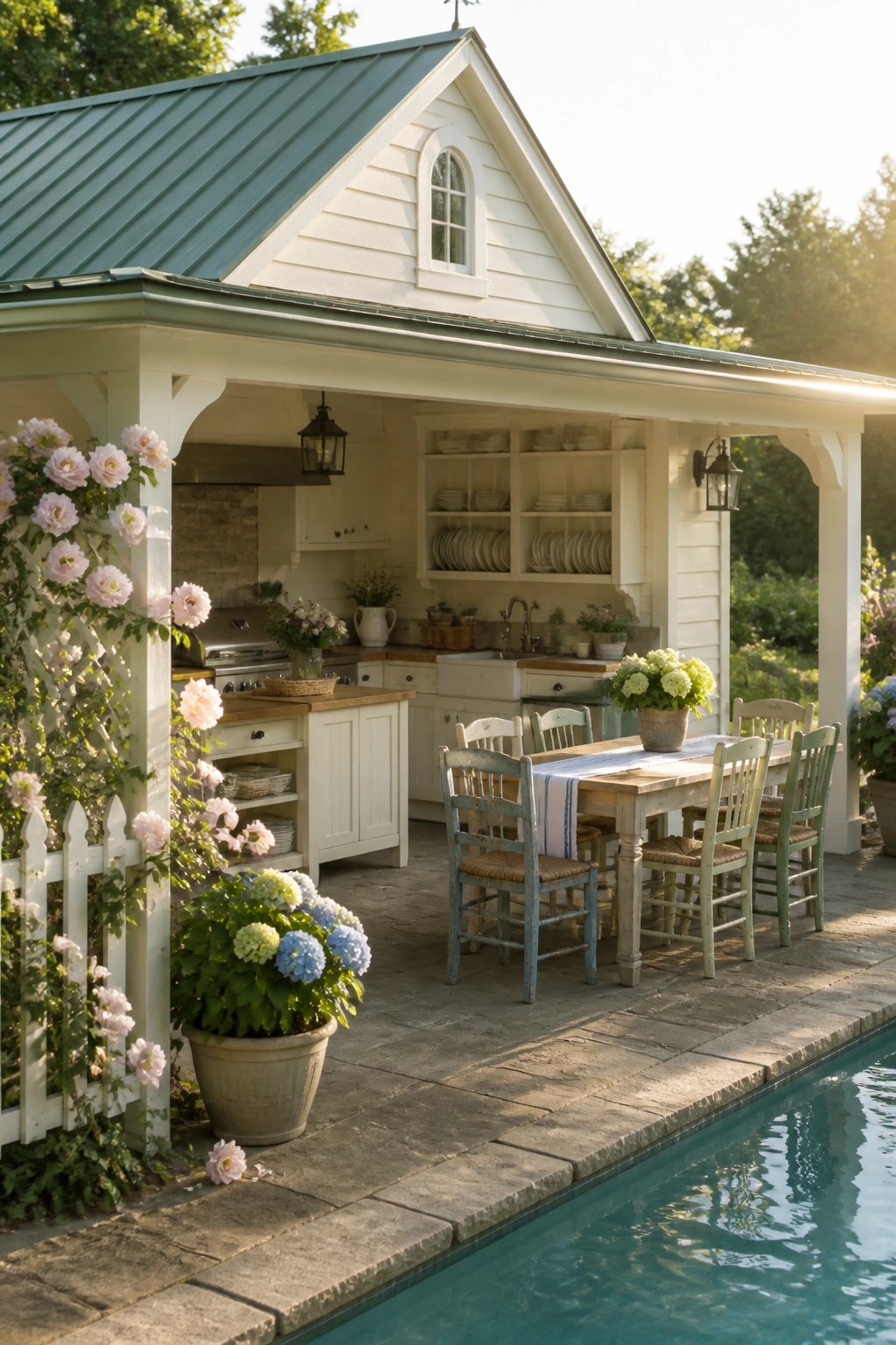Rustic outdoor kitchen with dining table, chairs, pool, and blooming pink roses.