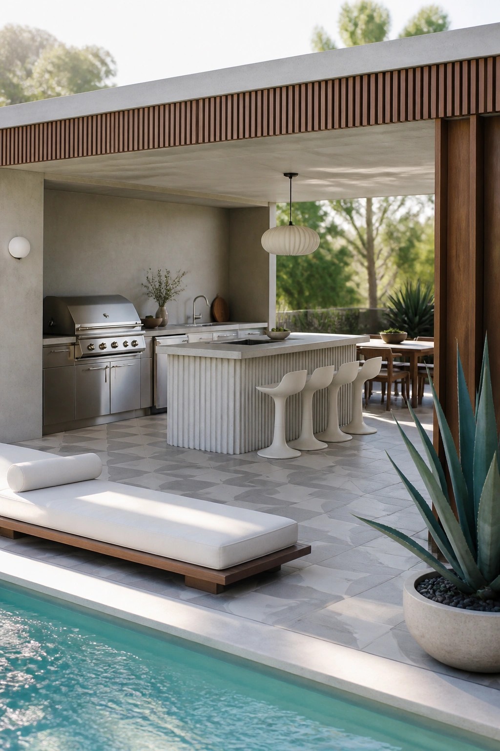 An outdoor kitchen with a ribbed concrete island and four white bar stools sits beside a swimming pool under a covered structure with a stainless steel grill and lounge chair nearby.