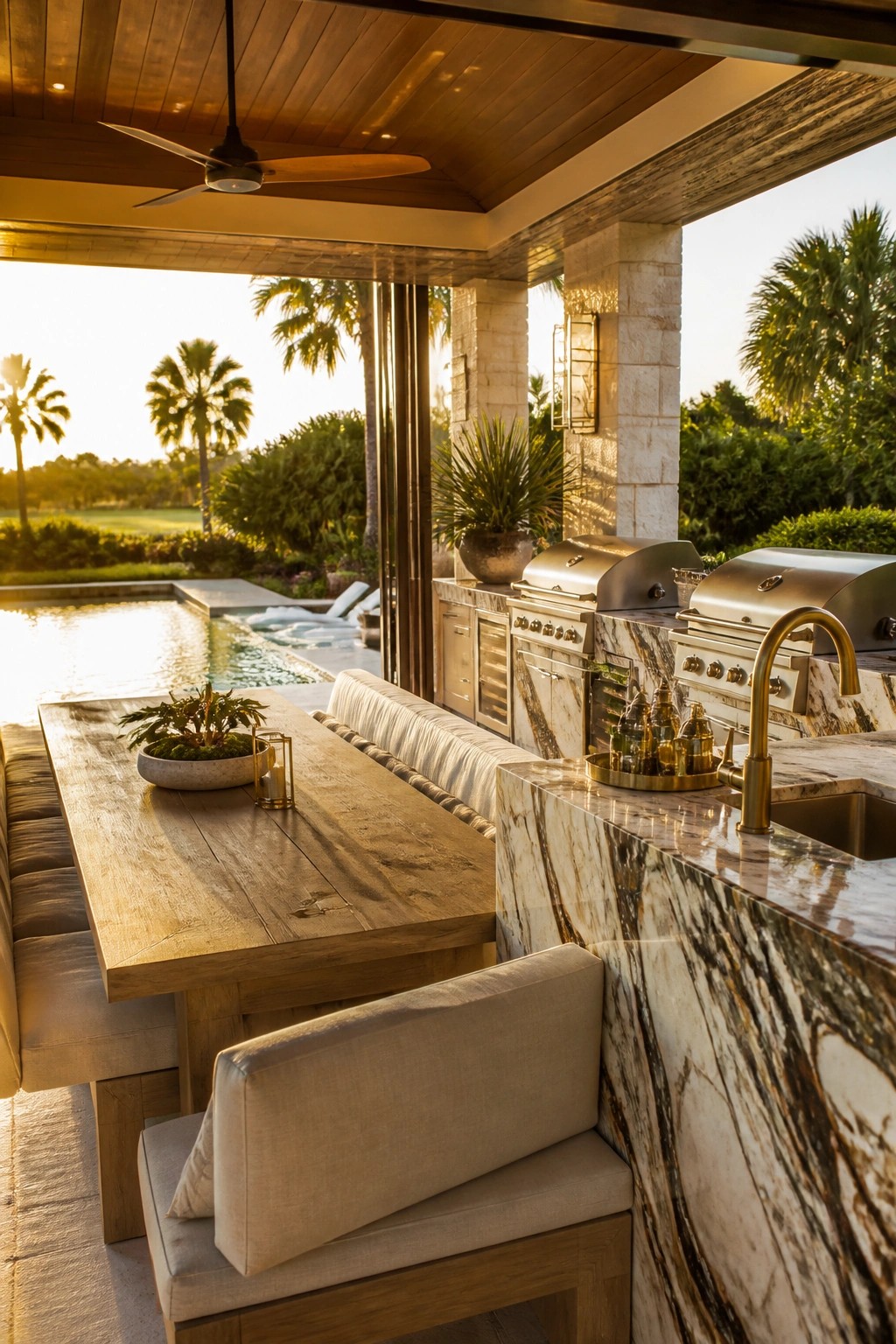 An outdoor covered patio with a long wooden dining table and upholstered benches beside a marble countertop outdoor kitchen with stainless steel grills, a sink, and a gold faucet, with a pool and palm trees in the background.
