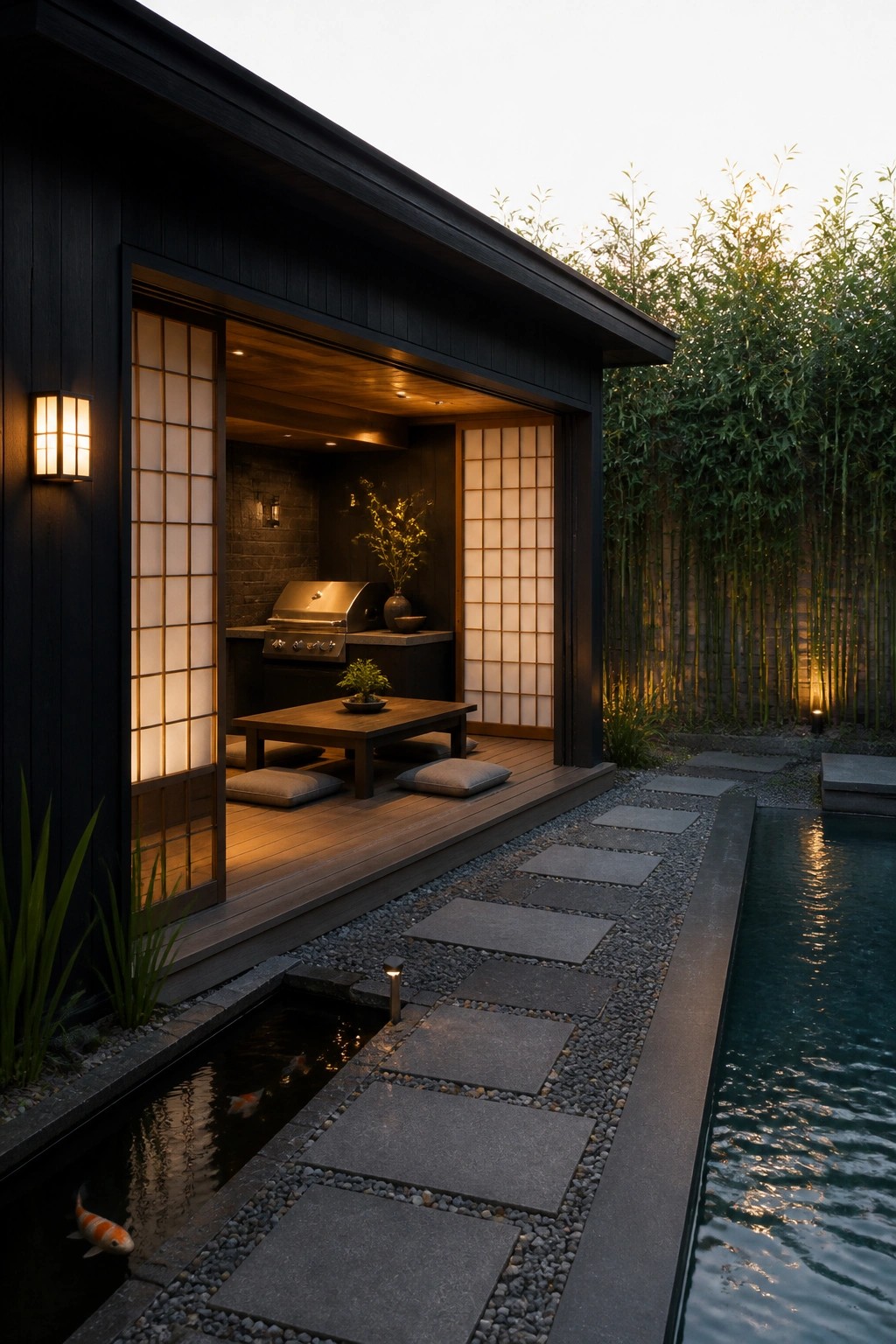 A dark wooden pool cabana with open sliding doors, showing an outdoor grill and low dining table beside a rectangular pool and stepping stone path.