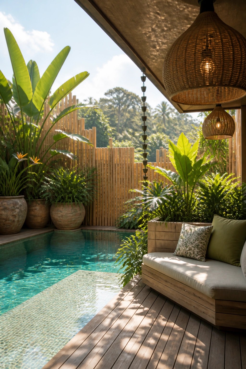 20 Functional Pool Patio Privacy Ideas That Screen Views Without Blocking Light A pool patio with a bamboo slat fence, potted tropical plants, a wooden bench with cushions, and woven pendant lights overlooking trees.