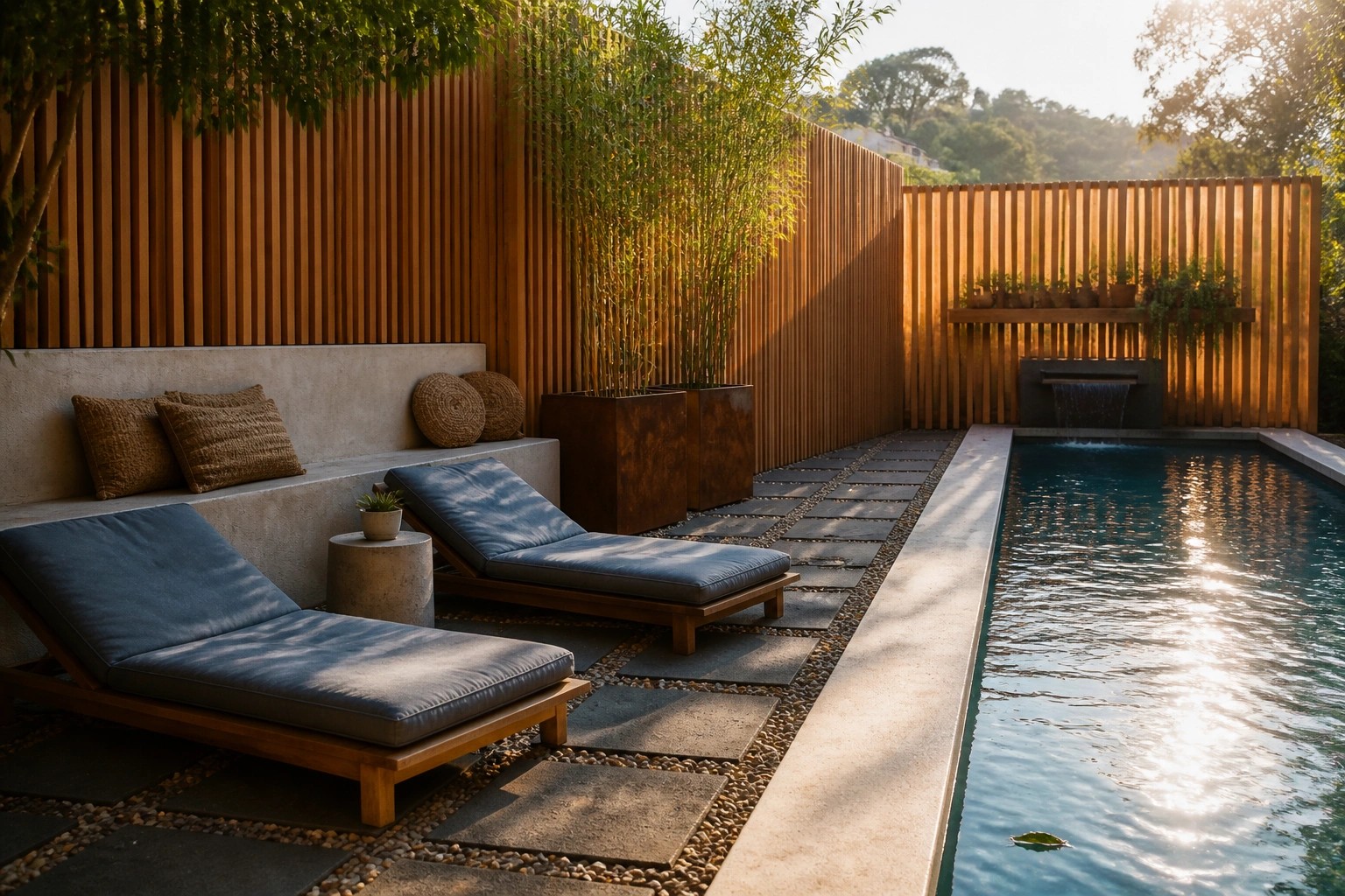 A poolside patio with tall wooden slat privacy screens, blue lounge chairs on stone pavers, and a long swimming pool along one edge.