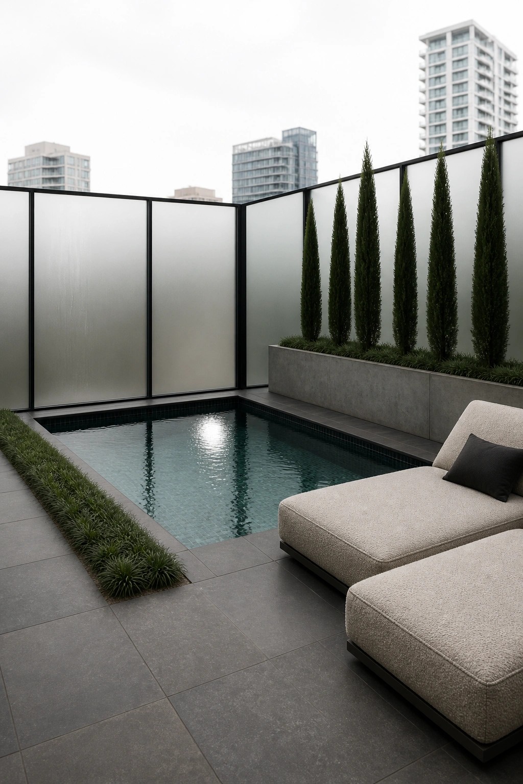 20 Functional Pool Patio Privacy Ideas That Screen Views Without Blocking Light A rooftop pool patio with a rectangular pool bordered by frosted glass panels on black frames, tall evergreen trees in concrete planters, and two beige lounge chairs on dark tile.